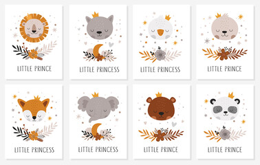 Vector hand drawn postcard collection with animals and branches, decor elements for nursery. Little prince, princess. Perfect for birthday, children's party, clothing prints, greeting cards