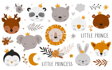 Vector hand drawn baby shower collection with animals and branches, decor elements for nursery. Little prince, princess. Perfect for birthday, children's party, clothing prints, greeting cards