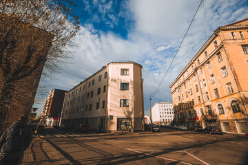 Obraz premium Intersection of Triangular lane and Vokzalnaya street in the city of Vyborg, leningrad region.