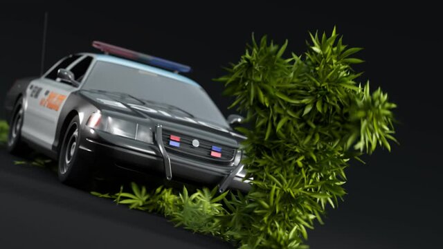 A police car chasing a creature made of marihuana leaves. Cannabis plant escape