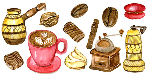 illustration set watercolor coffee and its preparation and sweets