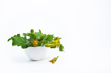 Fresh zucchini  flowers with leaves