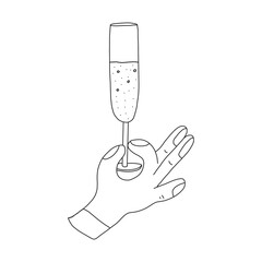 Female hand raises a glass of champagne on white background.Engraved work.flat style.Vector illustration.