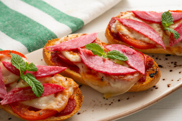 toast with Italian salami, melted cheese and tomato.