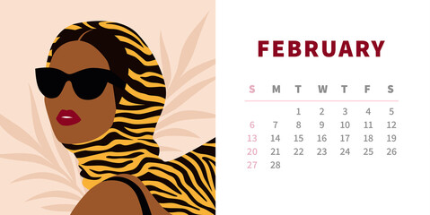 Tiger calendar design concept 2022. Woman in sunglasses and striped tiger shawl. Horizontal page template for February. Chinese symbol of the year. Trendy fashion illustration.