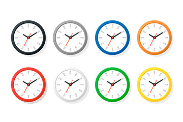 Vector Color Flat Wall Office Clock Icon Set Isolated on White. Different Colors. White Dial. Design Template of Wall Clock Closeup. Mock-up for Branding, Advertise. Top, Front View
