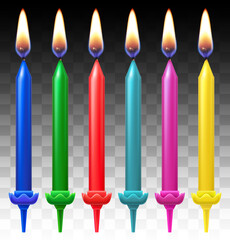 Set of colored candles for cake, holiday decoration. Happy Birthday. 3d realistic vector illustration.