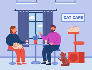 Young cartoon couple sitting in cat cafe and drinking coffee. Happy woman with cat on lap talking to man, cozy scene flat vector illustration. Pets, domestic animals concept for banner, website design