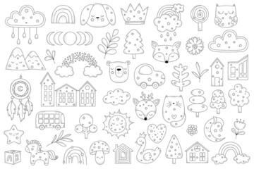 Vector hand drawn doodle collection with houses, animals, decor elements for nursery, rainbow. Line art illustration. Perfect for birthday, children's party, clothing prints, greeting cards