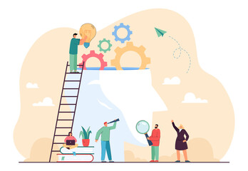 Abstract persons head filled with creative ideas. Office workers engaged in joint research for business growth ideas flat vector illustration. Teamwork, innovation, imagination, brainstorming concept