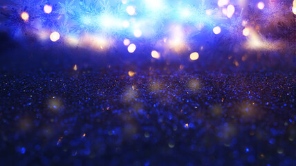 Dark abstract Christmas background. Bright colored blurred lights, bokeh. Neon glow, snowflakes.
