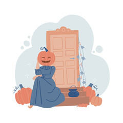 Cute girl in a witch suit with pumpkin on her head near a house hoor decorated to Halloween. Cute witch congratulates with Halloween. Vector flat hand drawn illustration