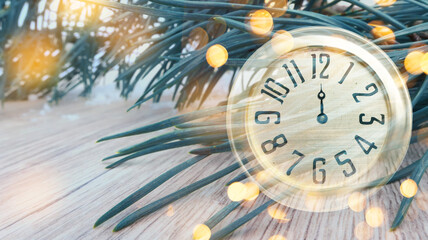 Fototapeta na wymiar On a wooden background, an antique antique clock shows midnight. Empty New Year background