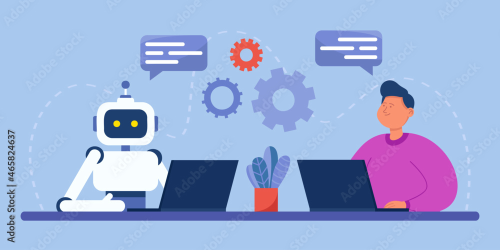 Poster man and robot with computers sitting together in workplace. artificial intelligence workforce of fut