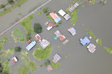 Aerial View of Houses Sunk Under the Water From Severe Flood in Suphanburi Thailand