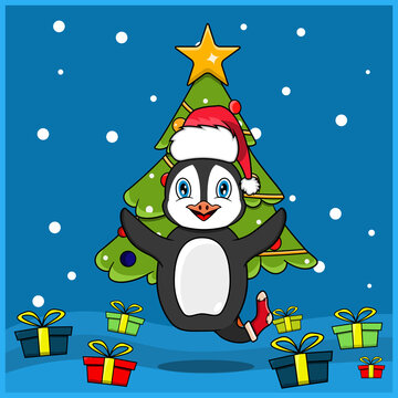 Cute Animal Christmas With Penguin Character Design, Wearing Sock And Hat Christmas. Woodland Background. Perfect For Background, Greeting Card, Label and Icon.