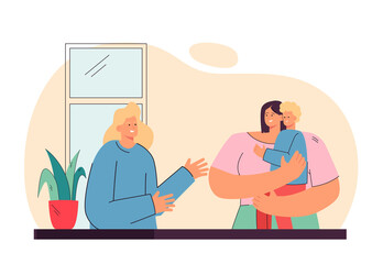 LGBT family from two lesbians adopting child. Homosexual female character holding boy in hands flat vector illustration. Adoption, childcare concept for banner, website design or landing web page