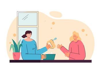 Female characters preparing baking dough at home together. Woman holding mixer in hand flat vector illustration. Cooking homemade cake concept for banner, website design or landing web page