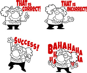 Outlined Science Professor Cartoon Character Poses. Vector Hand Drawn Collection Set Isolated On White Background