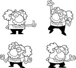 Outlined Science Professor Cartoon Character Poses. Vector Hand Drawn Collection Set Isolated On White Background