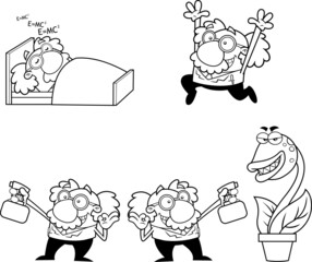 Outlined Science Professor Cartoon Character Poses. Vector Hand Drawn Collection Set Isolated On White Background