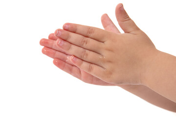 child's hands with antiseptic on white isolated background