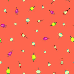 seamless repeat pattern with  cute colorful lanterns floating on orange background perfect for fabric, scrap booking, wallpaper, gift wrap projects
