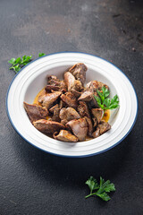 chicken liver fried or stewed fresh offal portion ready to eat meal snack on the table copy space food background rustic. top view keto or paleo diet
