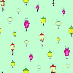 seamless repeat pattern with cute little colorful lanterns on a pastel background perfect for fabric, scrap booking, wallpaper, gift wrap projects