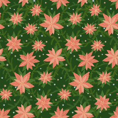 Seamless repeat pattern with spruce sprigs and poinsettia flowers. Lovely hand drawn flat vector illustration . Christmas or New Year design for wrapping, textile, card on green background.