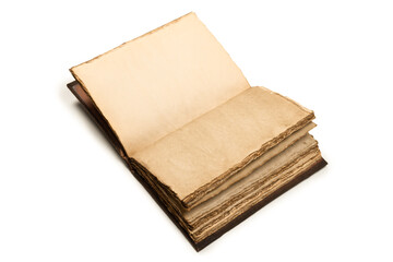 An open empty old notebook isolated on a white background.