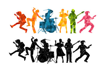 Silhouettes of musicians. Group of people with musical instruments illustration. Music rock'n'roll, jazz vector background 