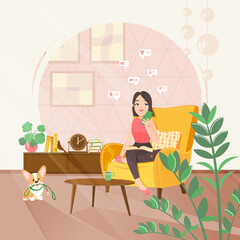 A young girl with a smartphone in her hands sits in an armchair in a cozy living room flooded with light.  Her dog wants to go for a walk.  Vector illustration.