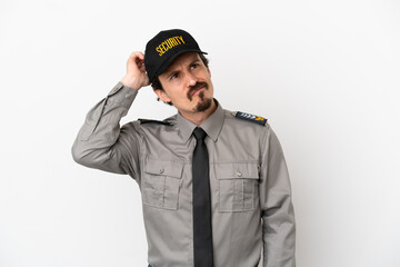 Young caucasian security man isolated on white background having doubts and with confuse face expression