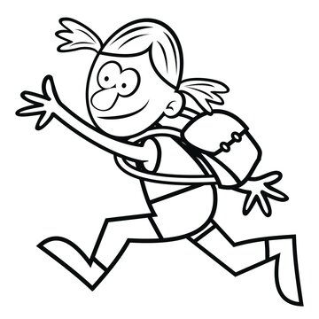 running girl with school bag, funny vector illustration, coloring book