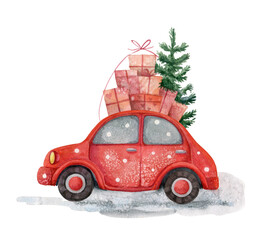 Red car with Christmas tree and red gift boxes. Watercolor illustration isolated on white.