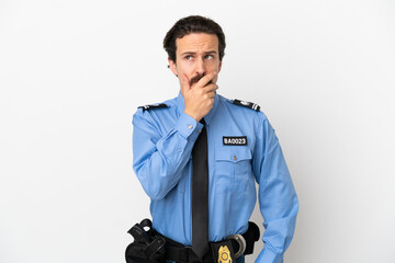 Young police man over isolated background white having doubts and with confuse face expression