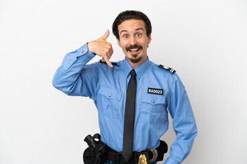 Young police man over isolated background white making phone gesture. Call me back sign