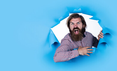 angry bearded man. brutal caucasian hipster express anger. human emotions. unshaven guy with...