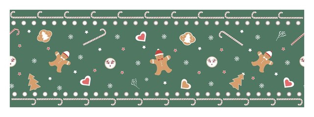 Seamless vector Christmas border, ribbon on a green background. Fabulous festive texture with funny gingerbread, gingerbread man, sweets, sweets, gingerbread with a deer. For packaging, décor, paper