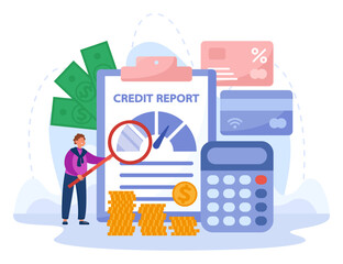 Customer studying credit history review via mobile application. Tiny man checking account and financial information with magnifying glass flat vector illustration. Credit report document concept