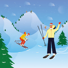  Skiers with background. Skier character. Flat skiers. Flat mountain 
