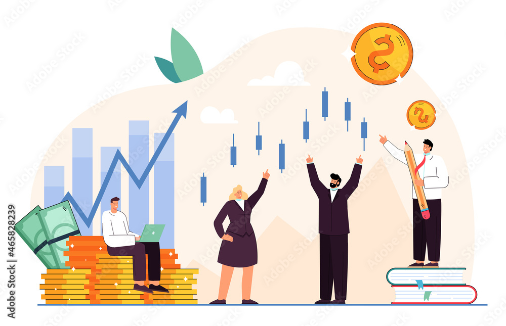 Poster trader character analyzing diagrams, growth and progress. candlestick chart of stock market, moving 