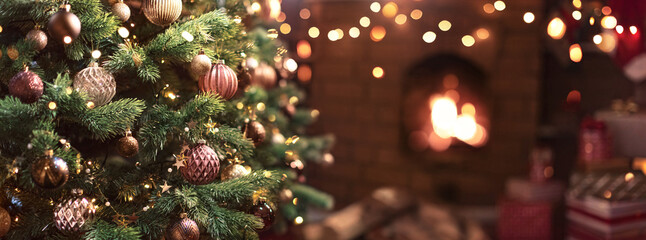 Christmas Tree with Brown Balls and Stars. Home Decor