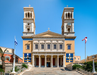 View of the Orthodox Cathedral of Saint Nicholas, in Vaporia district of Ermopolis, the capital of...