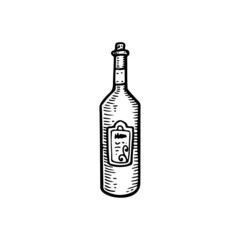 Glass bottle with a drink for a birthday party. White or red wine. Hand drawn line vector illustration in doodle style.