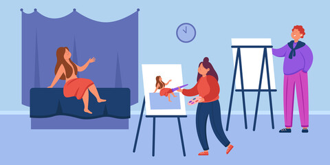 Male and female cartoon artists drawing nude woman in art class. People painting body of naked model behind easels flat vector illustration. Education, art school concept for banner or website design
