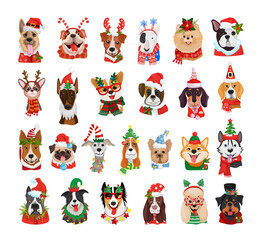 Detailed avatars of dogs of different breeds in Christmas costumes.