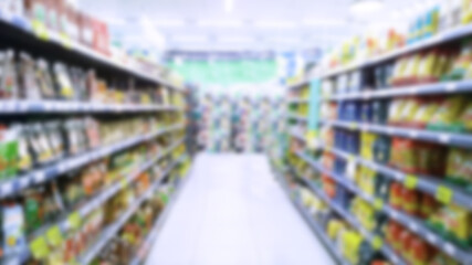 Abstract blur image of supermarket background. Defocused shelves with food and products. Grocery shopping. Store. Retail industry. Rack. Discount. Inflation and crisis concept. Supply Chain Issues.
