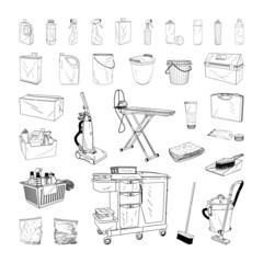 Collection of monochrome illustrations of cleaning equipment in sketch style. Hand drawings in art ink style. Black and white graphics.
